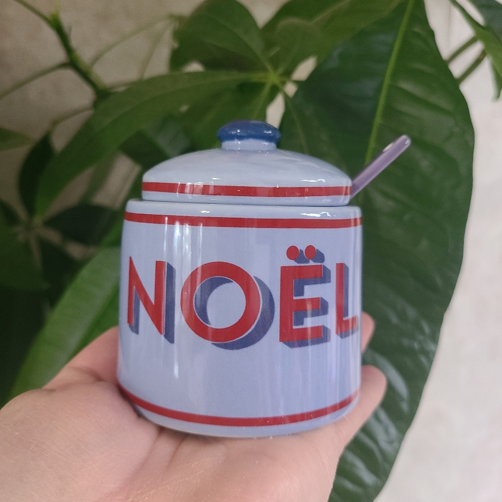 NWT Anthropologie Apres Ski Noel Sugar Pot with Lid and Spoon Blue Noel Letters
